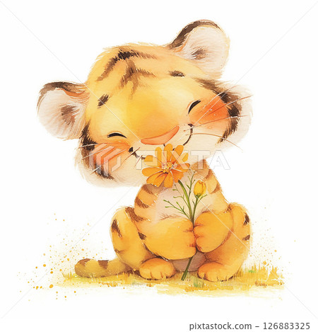Cute tiger cub holds a colorful flower while sitting on green grass with a cheerful expression 126883325