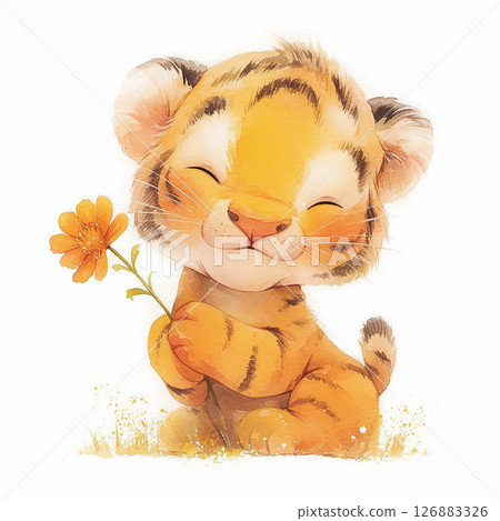 Cute tiger cub holds a colorful flower while sitting on green grass with a cheerful expression Cute tiger cub holds a colorful flower while sitting on green grass with a cheerful expression 126883326
