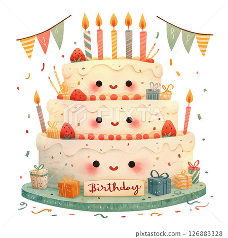 Happy birthday cake with colorful candles and confetti celebrating a joyful occasion Happy birthday cake with colorful candles and confetti celebrating a joyful occasion 126883328
