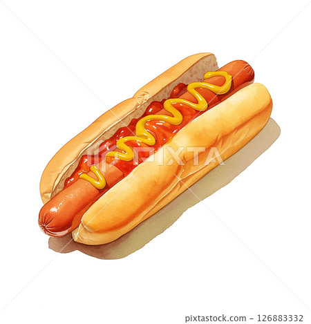Enjoying a tasty hot dog topped with mustard, ketchup, and relish on a sunny day at a picnic or backyard gathering Enjoying a tasty hot dog topped with mustard, ketchup, and relish on a sunny day at a picnic or backyard gathering 126883332