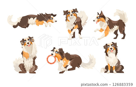 An adorable and playful Collie illustrated character set featuring joyful, expressive designs 126883359