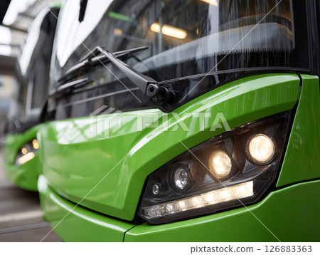 Green electric bus with modern design parked in urban transit station showcasing innovative transport 126883363