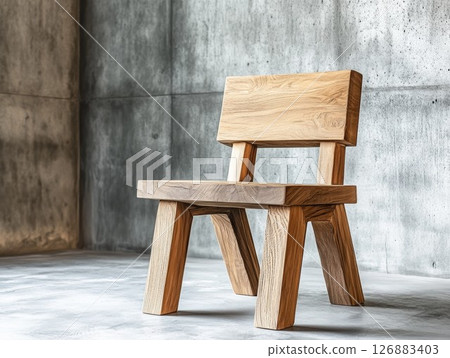 Modern wooden chair with minimalist design against a textured concrete wall in a stylish interior Modern wooden chair with minimalist design against a textured concrete wall in a stylish interior 126883403