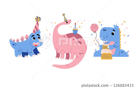 A group of playful dinosaurs is celebrating a wonderfully fun and exciting birthday party A group of playful dinosaurs is celebrating a wonderfully fun and exciting birthday party 126883415