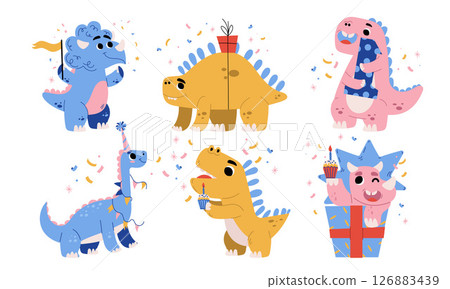 A group of Colorful Cartoon Dinosaurs joyfully Celebrating with fun Party Hats together 126883439