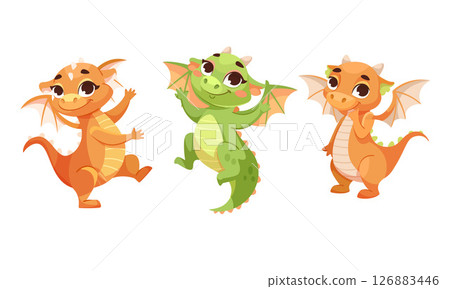Charming and Cute Cartoon Dragons in Various Playful Poses for Children and Imagination Charming and Cute Cartoon Dragons in Various Playful Poses for Children and Imagination 126883446