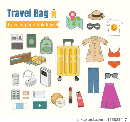 Travel bag and accessories set for tourists. Travel bag and accessories set for tourists. 126883447