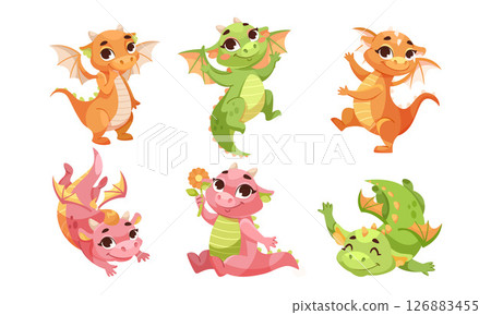 Colorful Cartoon Dragons in Playful, Fun Poses That Bring Joy to Children and Families 126883455