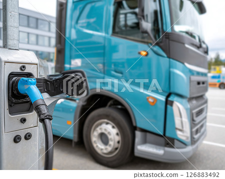 Electric truck charging at a station with modern design and industrial surroundings Electric truck charging at a station with modern design and industrial surroundings 126883492