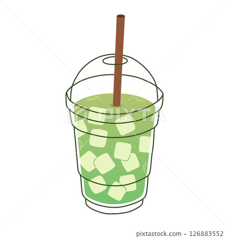 Green cold drink with lots of ice cubes in a clear cup. It has a dome lid and a brown straw. Vector illustration blended smoothie for logo, ads, promotion, marketing, banner. Green cold drink with lots of ice cubes in a clear cup. It has a dome lid and a brown straw. Vector illustration blended smoothie for logo, ads, promotion, marketing, banner. 126883552