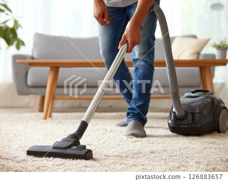 Person using vacuum cleaner on carpeted floor in a bright living room with modern furniture 126883657