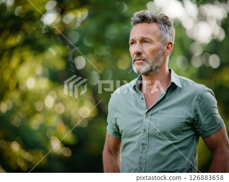 Mature man with gray hair standing outdoors in a natural setting with blurred greenery background 126883658