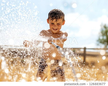 Young boy joyfully playing with water hose in sunny outdoor setting, capturing summer fun and laughter Young boy joyfully playing with water hose in sunny outdoor setting, capturing summer fun and laughter 126883677