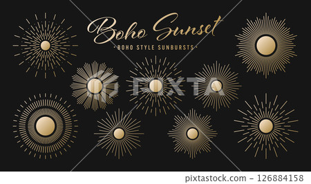 Vintage golden sunburst, sunset beams collection. Boho style, modern minimalist bohemian design. Hand drawn bursting sun, light rays. Logotype or lettering retro design element. Vector illustration 126884158