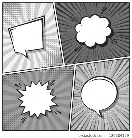 Cartoon comic backgrounds set. Speech bubble. Comics book black and white poster with halftone elements and radial lines. Retro Pop Art style. Vector illustration Cartoon comic backgrounds set. Speech bubble. Comics book black and white poster with halftone elements and radial lines. Retro Pop Art style. Vector illustration 126884159