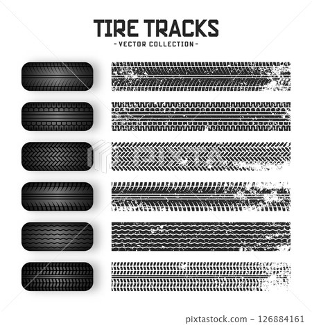 Grunge tire tracks, rubber wheels, and braking marks. Truck, car, or motorcycle tread pattern silhouettes. Perfect for auto racing, motorsport, and speed-related designs. Vector illustration 126884161