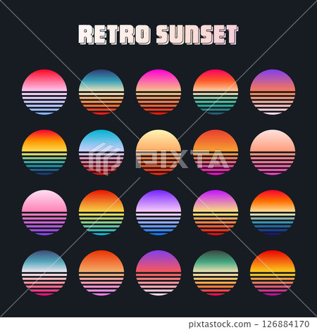 Vintage colorful sunset. Striped gradient sunrise badges in 80s and 90s style. Sun and ocean view, summer vibes, surfing. Design element for print, logo or t-shirt. Vector illustration Vintage colorful sunset. Striped gradient sunrise badges in 80s and 90s style. Sun and ocean view, summer vibes, surfing. Design element for print, logo or t-shirt. Vector illustration 126884170