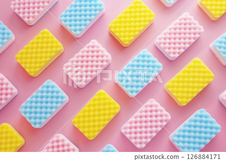 colorful cleaning dish sponges pattern isolated on pink background . background of different sponges in pastel color 126884171