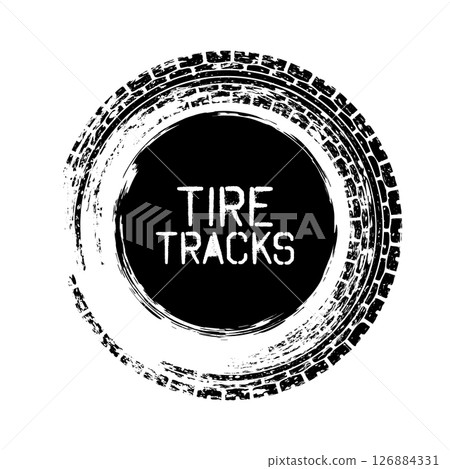 Grunge circle tire track, wheel braking mark. Truck, car or motorcycle tread pattern silhouettes. Auto race, motorsport, speed racing design element. Vector illustration Grunge circle tire track, wheel braking mark. Truck, car or motorcycle tread pattern silhouettes. Auto race, motorsport, speed racing design element. Vector illustration 126884331
