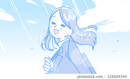 A woman in a suit smiling under the blue sky 126884344
