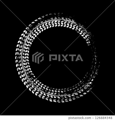 Grunge circle tire track, wheel braking mark. Truck, car or motorcycle tread pattern silhouettes. Auto race, motorsport, speed racing design element. Vector illustration 126884348
