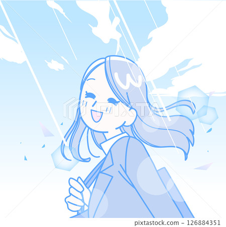 A woman in a suit smiling under the blue sky 126884351