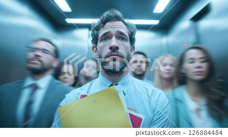 Worried Businessman Standing in an Elevator with Blurred People Around 126884484