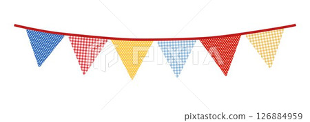 Colorful bunting garland. Party flags on rope. Textured fabric. Birthday celebration, wedding anniversary. Holiday Festa Junina decor. Isolated overlay vector illustration object, banner on background 126884959