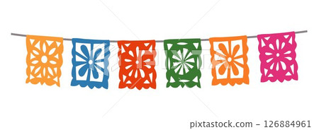 Colorful decorative cut out garland. Dia de los Muertos, Mexican Day of the Dead. Halloween paper bunting flags, papel picado. Isolated vector hand drawn birthday party decor. Festa Junina holiday 126884961