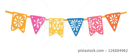 Colorful papel picado garland banner. Taditional Mexican decorative party flags, bunting. Cinco de Mayo, fiestas,or Day of Dead Dia de Muertos celebrations. Flat vector isolated on white background. 126884962