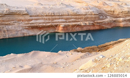 Salty lake forms below eroded desert cliffs, where salty minerals shape the lake edge, and desert terrain creates deep cuts from erosion under soft sunset glow in dry desert zone. 126885014
