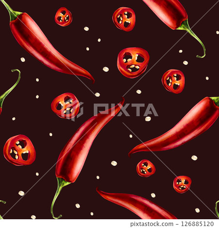 Red chilli pepper seamless pattern. Watercolor hand drawn cayenne, bell pepper spice isolated on transparent background. Salsa illustration. For designers, menu, decoration, food blog, ecofriendly 126885120