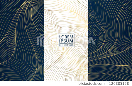 Vector set of golden line wave backgrounds, abstract luxury label package, water premium japanese element. Glitter box design, art deco template. 126885138