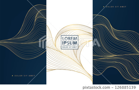 Vector set of golden line wave backgrounds, abstract luxury label package, water premium japanese element. Glitter box design, art deco template. 126885139
