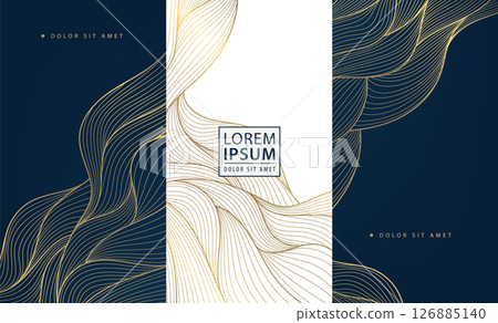Vector set of golden line wave backgrounds, abstract luxury label package, water premium japanese element. Glitter box design, art deco template. 126885140
