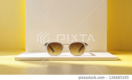 Modern sunglasses with gradient lenses showcased on a yellow stand with bright studio lighting and strong shadows.  126885205