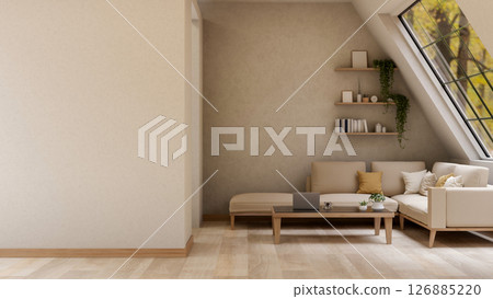 The set of wooden table and fabric sofa under roof window in the bright room corner. House Interior. 126885220