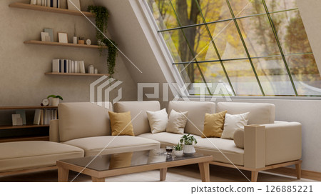 The set of a wooden table with glass top and fabric sofa under roof window in the room corner. The set of a wooden table with glass top and fabric sofa under roof window in the room corner. 126885221