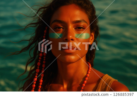 Sun-kissed, close-up portrait of a seafaring woman with glowing bronze skin 126885397