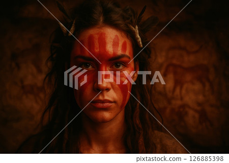 Front-facing close-up of a striking woman with vivid red ochre handprints painted across her cheeks and forehead Front-facing close-up of a striking woman with vivid red ochre handprints painted across her cheeks and forehead 126885398