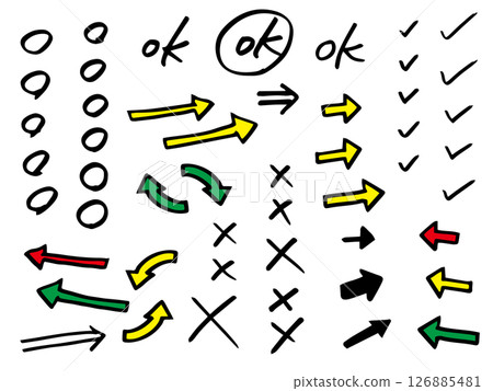 Set of hand-drawn circles, crosses, check marks, arrows, and lines drawn with permanent marker Set of hand-drawn circles, crosses, check marks, arrows, and lines drawn with permanent marker 126885481