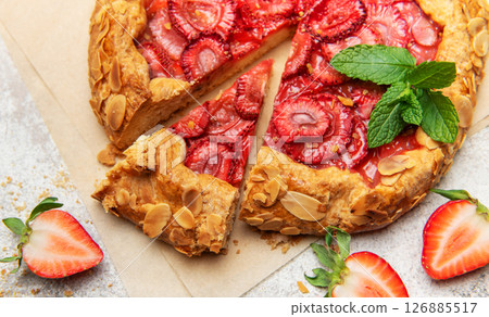 Delicious homemade strawberry galette with almond petals baking on parchment paper 126885517