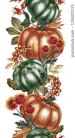 Seamless autumn border with pumpkins and floral elements. Handmade watercolor illustrations in yellow and orange colors. For packaging, textiles, printing, wrapping paper, home decor and more. 126885533