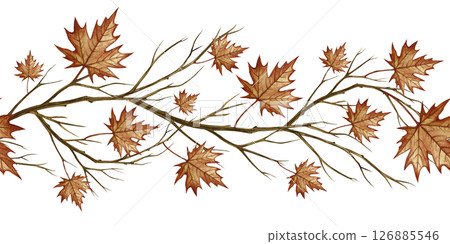 Seamless border with autumn maple leaves and branches. Handmade watercolor illustration. Color image. Great for packaging, decor, textiles and more. 126885546