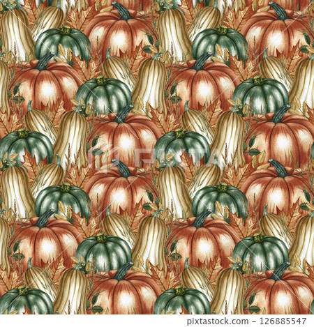 Seamless autumn pattern with pumpkins, leaves and flowers, as well as various autumn elements. Handmade watercolor illustration. For packaging, decor, textiles and wrapping paper, wallpaper. 126885547