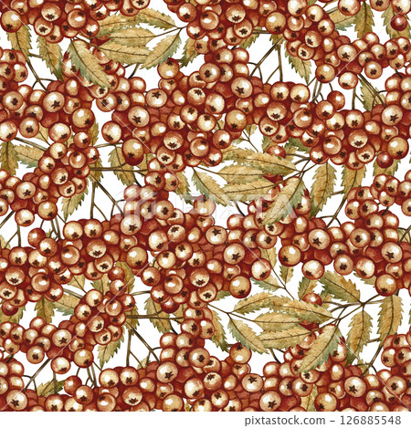 Seamless pattern with autumn berries and mountain ash leaves. Handmade watercolor illustration. Color image for packaging, decor, textiles, wallpaper and more. 126885548