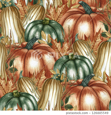 Seamless autumn pattern with pumpkins, leaves and flowers, as well as various autumn elements. Handmade watercolor illustration. For packaging, decor, textiles and wrapping paper, wallpaper. 126885549