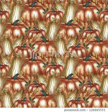 Seamless autumn pattern with pumpkins, leaves and flowers, as well as various autumn elements. Handmade watercolor illustration. For packaging, decor, textiles and wrapping paper, wallpaper. Seamless autumn pattern with pumpkins, leaves and flowers, as well as various autumn elements. Handmade watercolor illustration. For packaging, decor, textiles and wrapping paper, wallpaper. 126885551