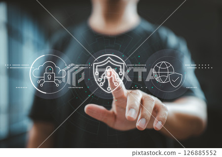 Finger pressing cybersecurity interface with cloud lock and global shield icons 126885552