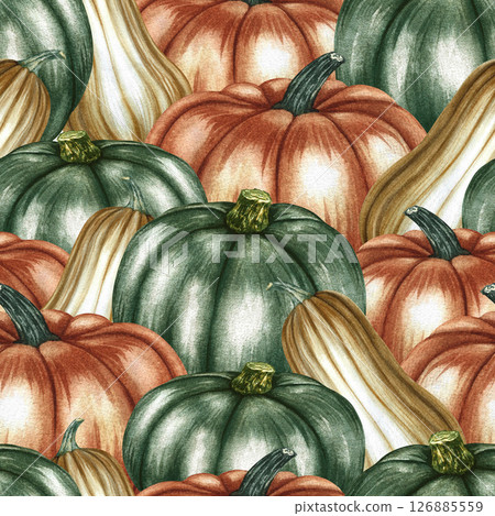 Seamless pattern with green, yellow, orange and green pumpkins. Handmade watercolor illustration. Color image. For packaging, decor, textiles, printing, wrapping paper, wallpaper and more. Seamless pattern with green, yellow, orange and green pumpkins. Handmade watercolor illustration. Color image. For packaging, decor, textiles, printing, wrapping paper, wallpaper and more. 126885559